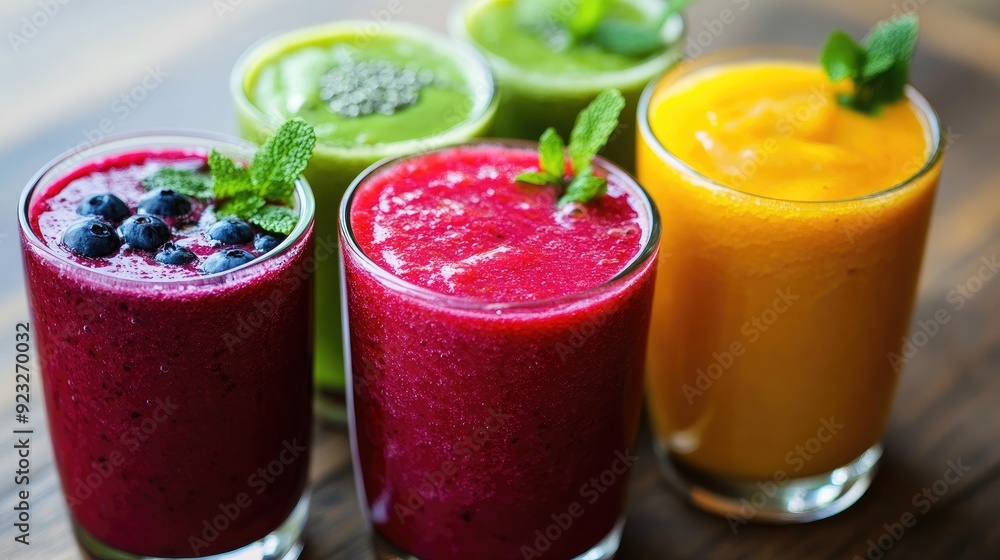 Fresh fruit smoothies in glasses. Perfect for showcasing healthy eating or a vibrant lifestyle. Fresh fruit smoothies in glasses. Perfect for showcasing healthy eating or a vibrant lifestyle.