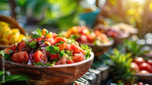 Vibrant salad bowls filled with fresh vegetables, herbs, and colors, perfect for healthy meals and summer gatherings.