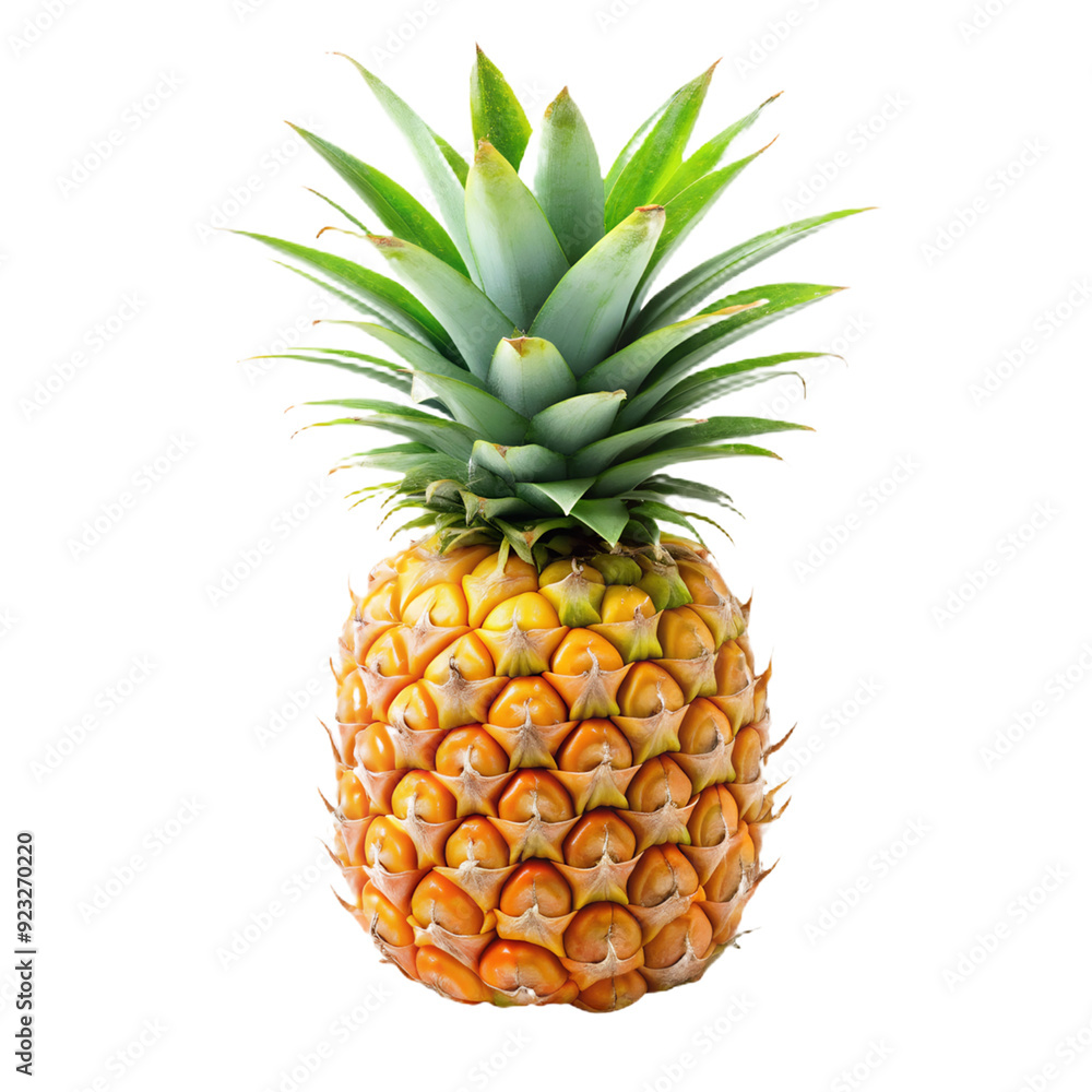 Fototapeta premium Fresh juicy tropical fruit pineapple isolated on white background. Three whole fruits. Ai generated