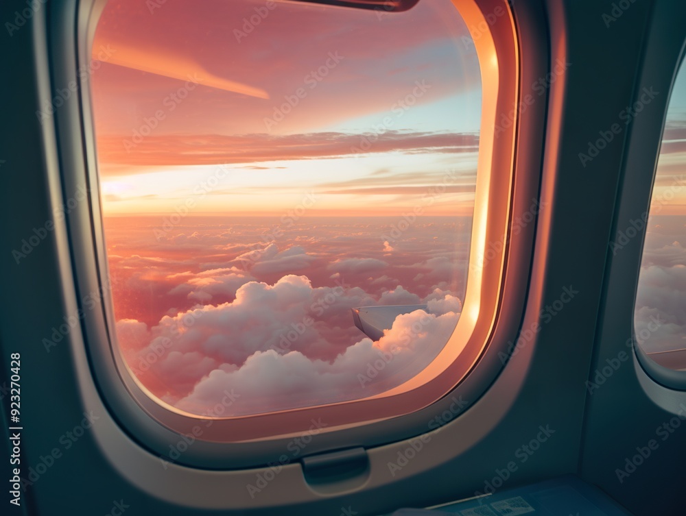 Airplane window beautiful sky. Shot from inside of airplane window with sky golden lights of sunset. Airplane window beautiful sky. Shot from inside of airplane window with sky golden lights of sunset.