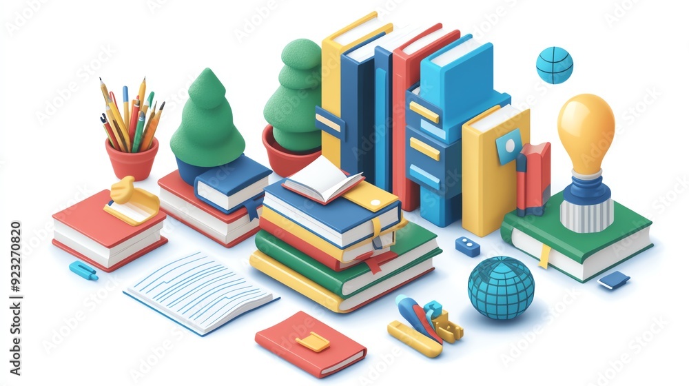 Colorful 3D Illustration of Books, Pencils, and a Lightbulb. Colorful 3D Illustration of Books, Pencils, and a Lightbulb.