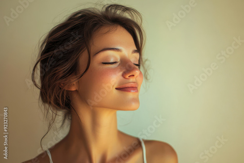 A close up of a woman's face with her eyes closed