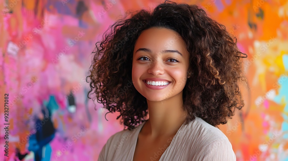 A podcast host with a confident smile, ready to speak, and a vibrant, colorful studio backdrop. A podcast host with a confident smile, ready to speak, and a vibrant, colorful studio backdrop.