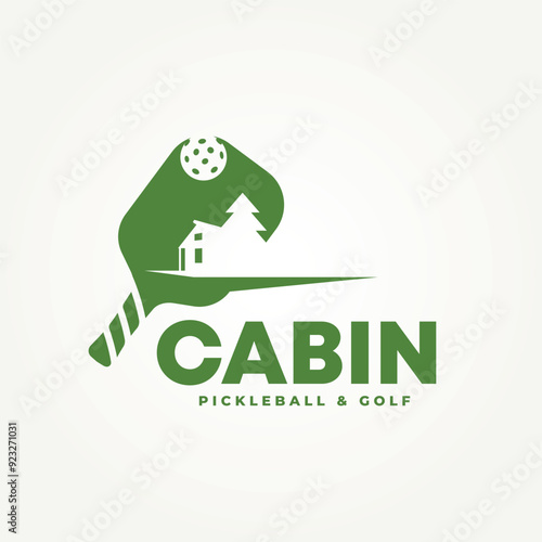 silhouette cabin with pickle ball and golf icon logo vector illustration design. simple modern rent house, wooden cabin, vacation logo concept