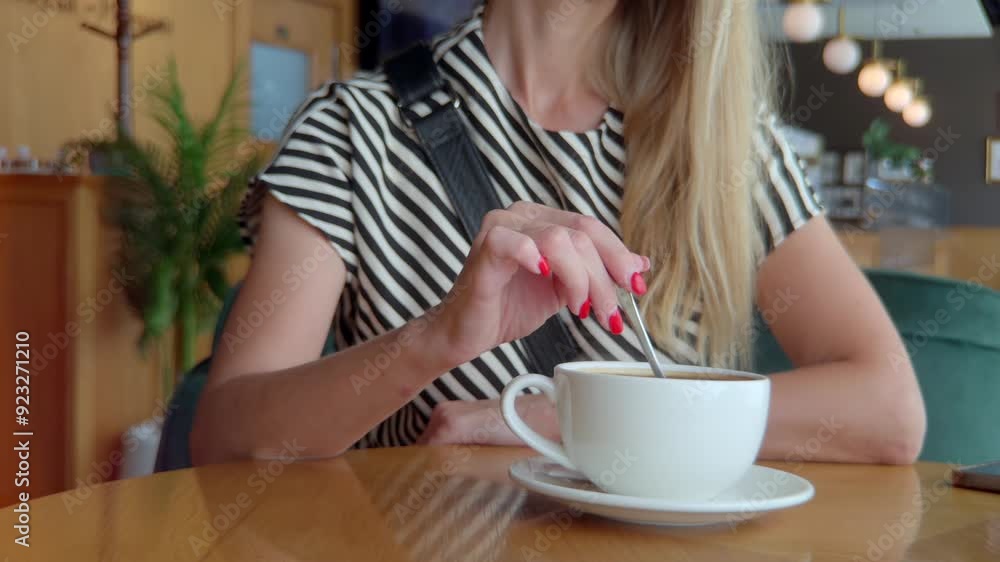 White girl sits in a restaurant drinks coffee, a cup of coffee in her hands White girl sits in a restaurant drinks coffee, a cup of coffee in her hands