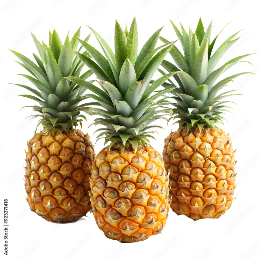 Fototapeta premium Fresh juicy tropical fruit pineapple isolated on white background. Three whole fruits. Ai generated