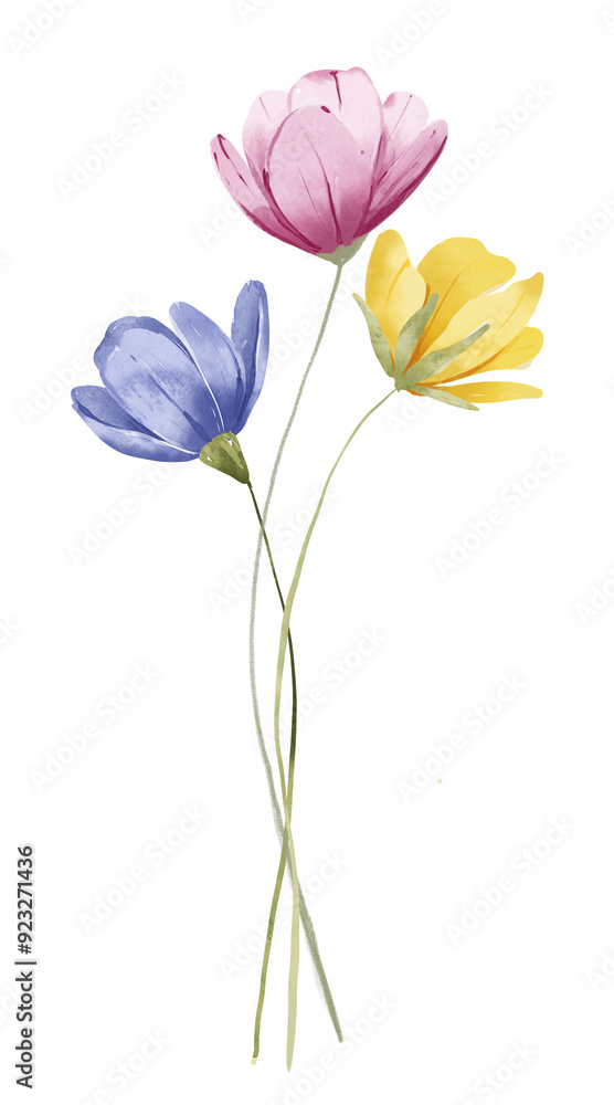 Obraz premium Watercolor flowers, floral digital illustration for greeting card, invitation and other printing design. Isolated on white. Hand drawing.