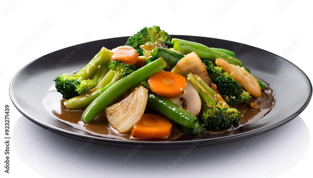 Stir-fried vegetables with oyster sauce in bowl on white background Stir-fried vegetables with oyster sauce in bowl on white background