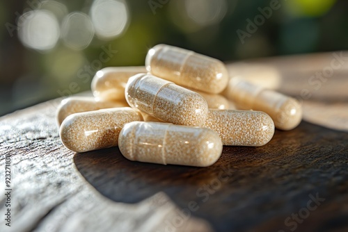 Detailed view of magnesium supplements on a clean surface, energy and muscle support photo