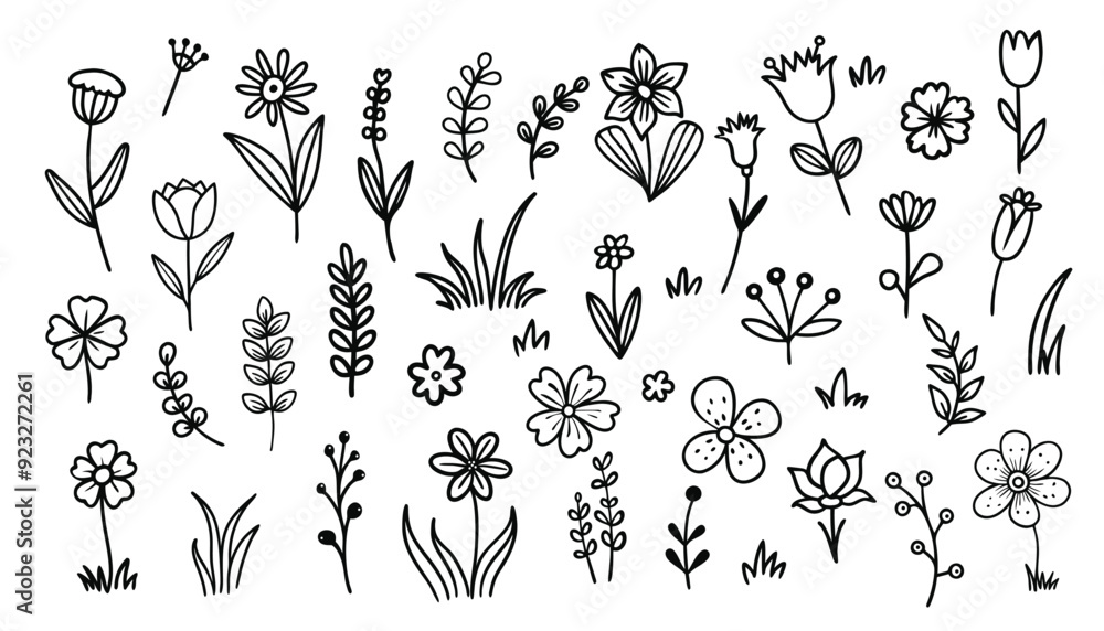 Set of hand drawn doodle floral elements.Flower doodle hand drawn line stroke. Sketch hand drawn spring floral plant, nature graphic leaf. Vector illustration. Set of hand drawn doodle floral elements.Flower doodle hand drawn line stroke. Sketch hand drawn spring floral plant, nature graphic leaf. Vector illustration.