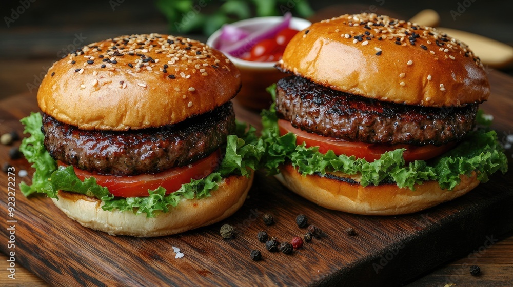 Two juicy burgers on a wooden board. Perfect for showcasing the taste and freshness of a homemade meal. Two juicy burgers on a wooden board. Perfect for showcasing the taste and freshness of a homemade meal.
