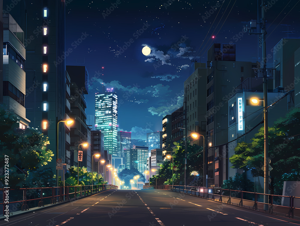 Fototapeta premium beautiful night atmosphere on a city street background illustration
