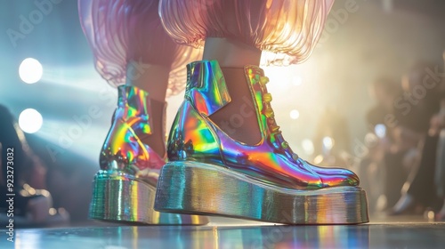 Holographic Platform Boots on Fashion Runway with Dramatic Lighting in Modern Show