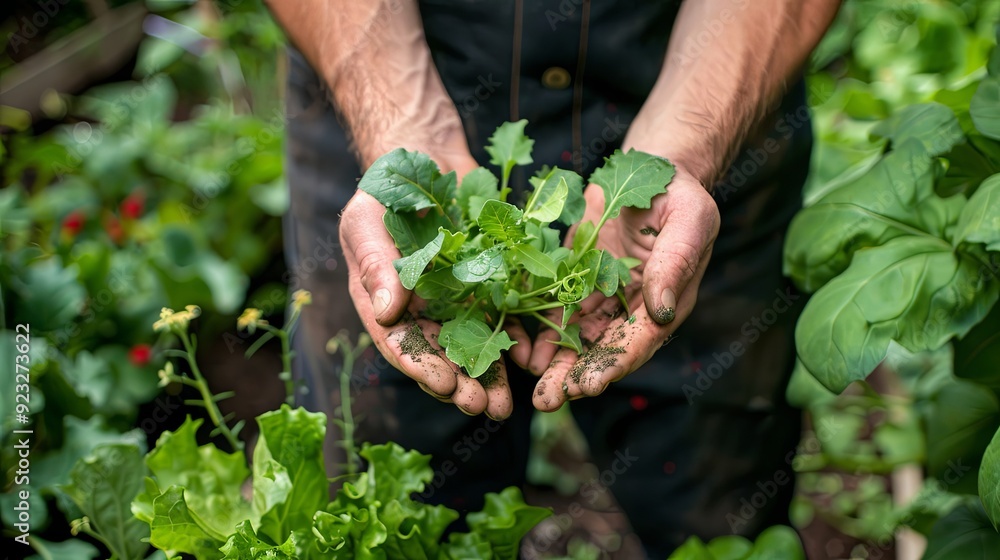 Close-up of a male hands holding freshly picked vegetable garden background Close-up of a male hands holding freshly picked vegetable garden background