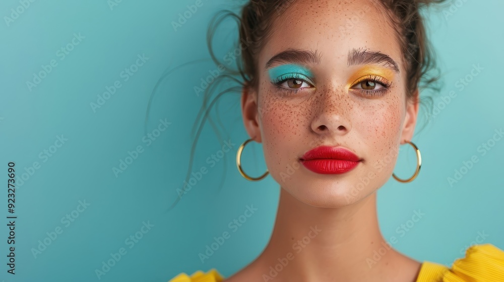 A woman with bold, colorful eyeshadow and winged eyeliner. A woman with bold, colorful eyeshadow and winged eyeliner.