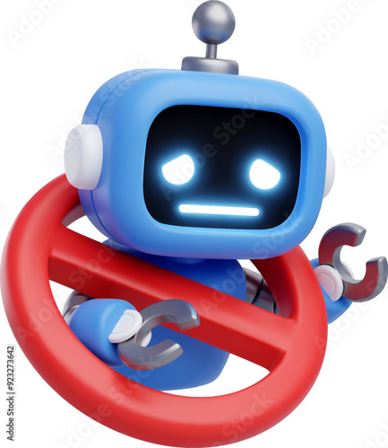 3d Vector Robot with icon No Entry Sign, No AI sign, Intelligence constraints, Protest against AI concept.