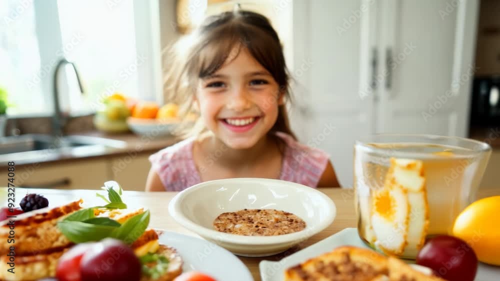 Smiling young girl with brown hair and pink shirt in a bright kitchen setting. Concepts of childhood, happiness, and family moments. Smiling young girl with brown hair and pink shirt in a bright kitchen setting. Concepts of childhood, happiness, and family moments.