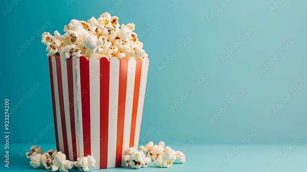 Striped box with heap of popcorn on blue background background Striped box with heap of popcorn on blue background background