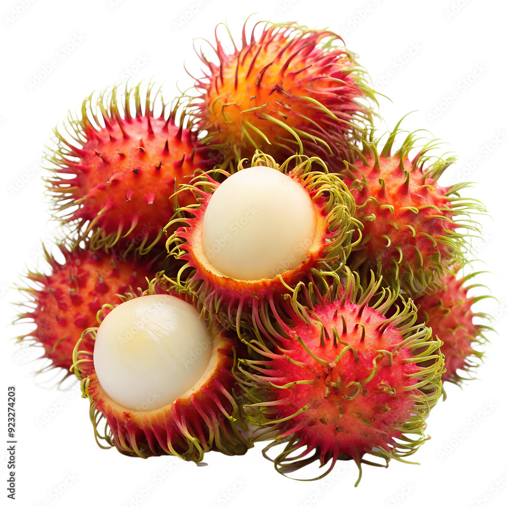 Rambutans whole and peeled isolated on a white background. Ai generated Rambutans whole and peeled isolated on a white background. Ai generated