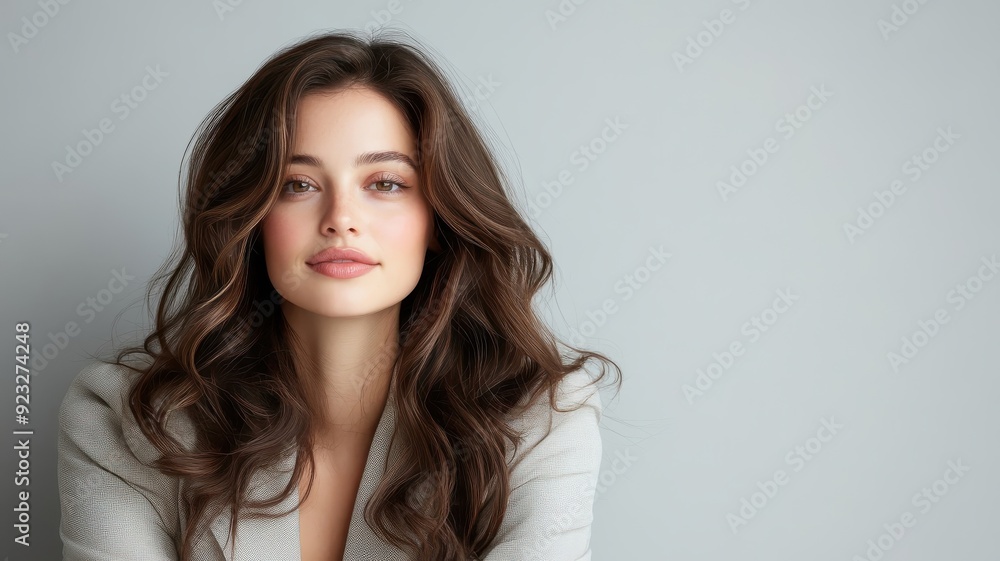 Fototapeta premium Portrait of woman with flowing hair in chic light grey pantsuit.