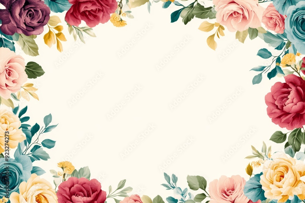Elegant floral border with vibrant flowers lush greenery on light background. Ideal for decorative designs wedding invitations or romantic designs valentines day, mother's day, women's day Elegant floral border with vibrant flowers lush greenery on light background. Ideal for decorative designs wedding invitations or romantic designs valentines day, mother's day, women's day