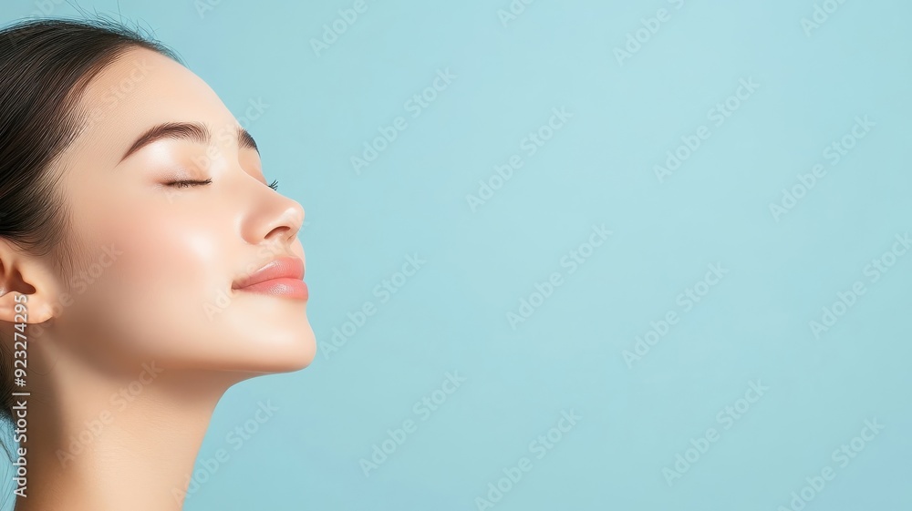 Minimalist banner with a serene Asian woman and ample copy space. Minimalist banner with a serene Asian woman and ample copy space.