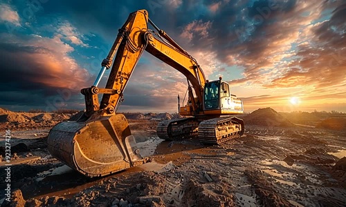 A yellow excavator stands in a dirt lot at sunset.