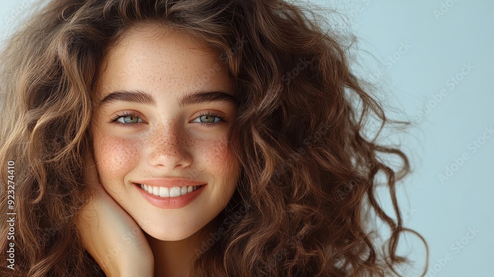 Close-up of woman with voluminous curls and radiant smile. Close-up of woman with voluminous curls and radiant smile.