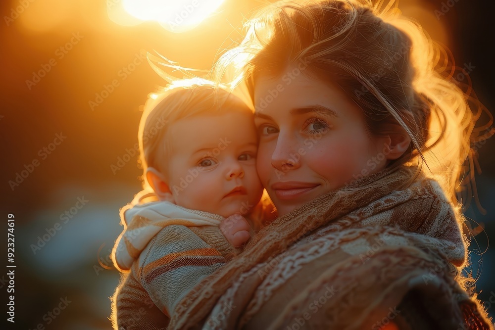 Captures the tender bond between a mother and her newborn, bathed in the warm light of a sunset. Captures the tender bond between a mother and her newborn, bathed in the warm light of a sunset.