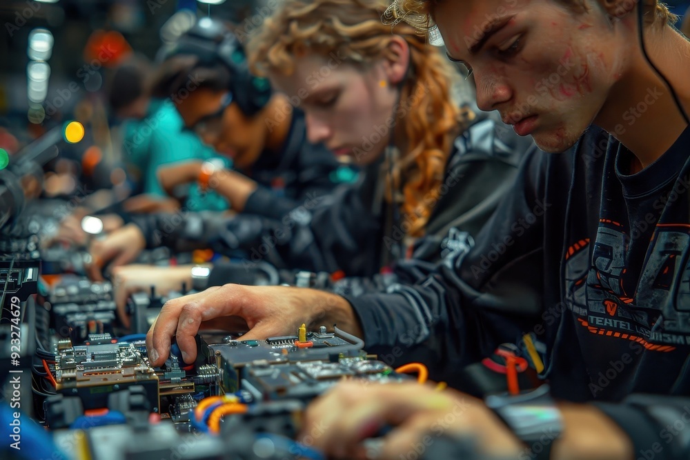 High school students building a robot for a competition. High school students building a robot for a competition.