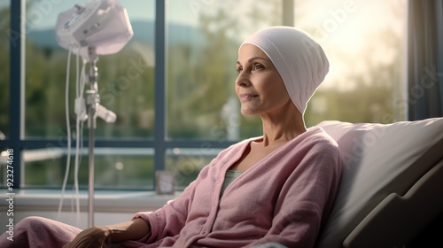 Portrait of the patient woman after chemotherapy female cancer patient wearing head scarf 