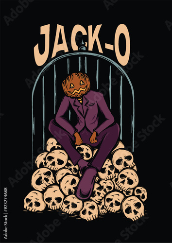 human wearing a pumpkin costume was sitting on a pile of human skull heads he had killed