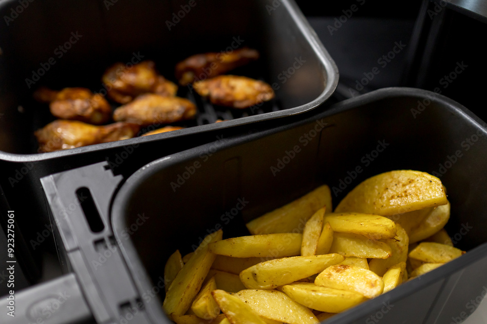 Close-up of fries (Potato wedges) and chicken wings cooked in an air fryer. Close-up of fries (Potato wedges) and chicken wings cooked in an air fryer.