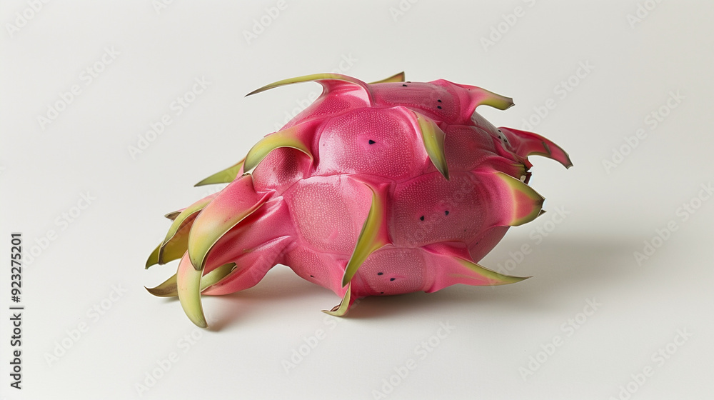 Obraz premium A dragon fruit on a white background, showcasing its vibrant pink skin and green tips, textured and smooth