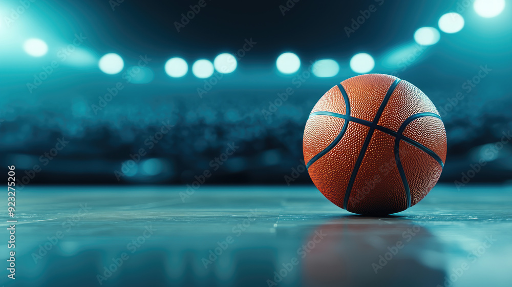 A close-up view of a basketball on a court, illuminated by stadium lights, capturing the essence of sports and competition. A close-up view of a basketball on a court, illuminated by stadium lights, capturing the essence of sports and competition.