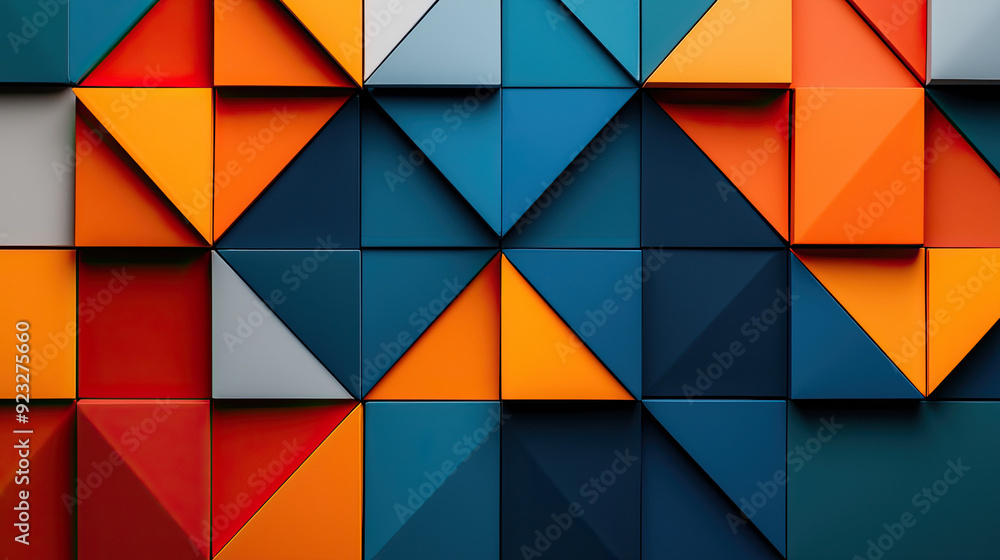 Abstract geometric pattern of colorful triangular shapes in blue, orange, gray, and red, creating a vibrant and modern design. Abstract geometric pattern of colorful triangular shapes in blue, orange, gray, and red, creating a vibrant and modern design.