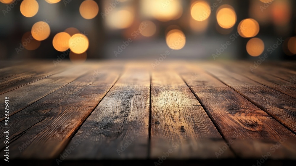 Wooden table with blurred lights. Perfect for product display or showcasing food. Wooden table with blurred lights. Perfect for product display or showcasing food.