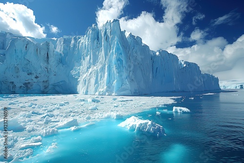 Sun melts ice in clear blue arctic water. Shows climate change impact on glaciers. Global warming concept, melting ice formations, with copy space