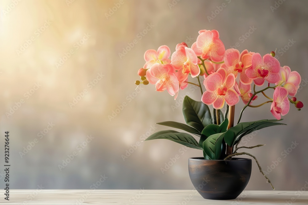 Orchid Plant. Stylish Faux Flora in Potted Houseplant Concept. Interior Trendy Idea with Colourful Nature Theme Orchid Plant. Stylish Faux Flora in Potted Houseplant Concept. Interior Trendy Idea with Colourful Nature Theme