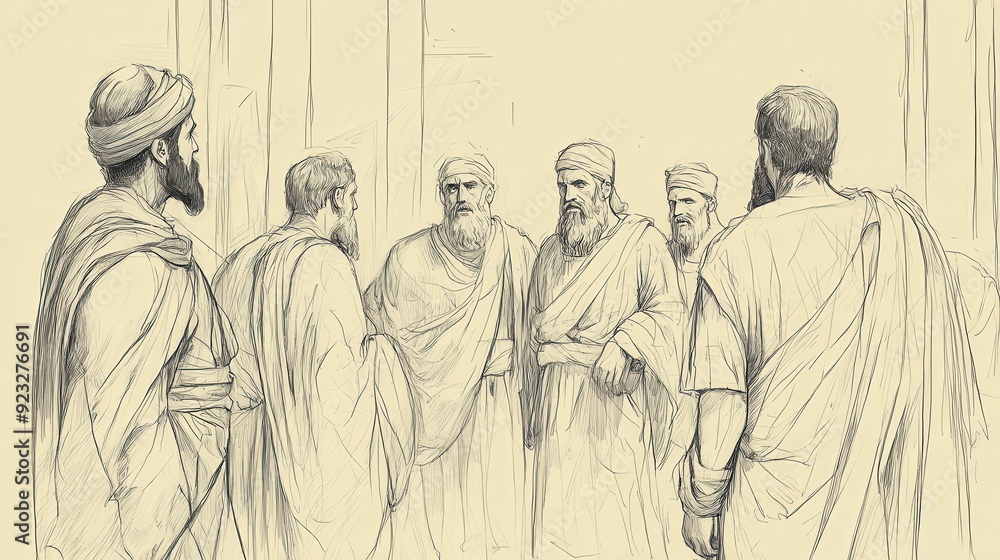 Fototapeta premium Jehu Emerges from the Room After His Anointing, His Fellow Commanders Curious About What Has Happened, 2 Kings Biblical Illustration, Bible Wall Art, Beige Background