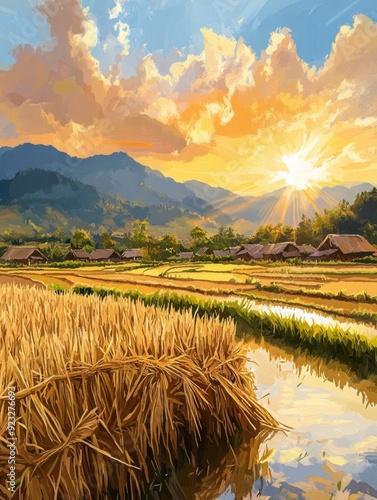 Sunset Over Rice Field