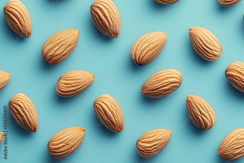 Almonds arranged on blue background. Perfect for healthy food, snack, or diet concepts. Almonds arranged on blue background. Perfect for healthy food, snack, or diet concepts.