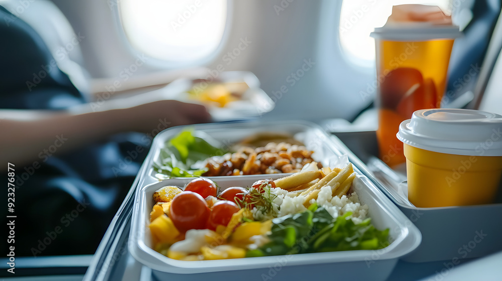 Healthy airplane meal with fresh ingredients served on a tray table, emphasizing nutritious in-flight dining options.