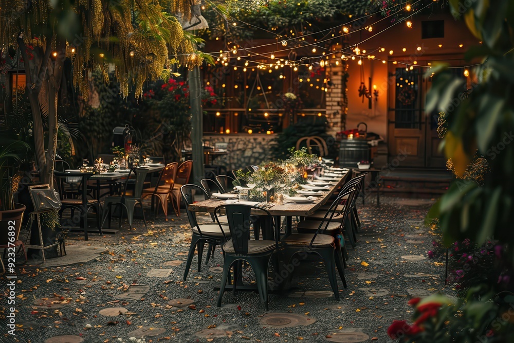 Outdoor Dinner: A Romantic Setting with Table Decorations and Cafe Ambiance Outdoor Dinner: A Romantic Setting with Table Decorations and Cafe Ambiance