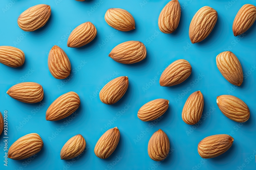 Almonds arranged on a blue background. Perfect for food, health, and nutrition concepts. Almonds arranged on a blue background. Perfect for food, health, and nutrition concepts.