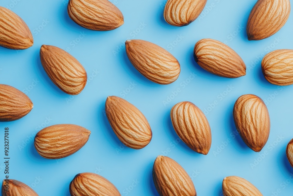 Almonds arranged on a blue background. Perfect for a healthy snack or a recipe that calls for almonds. Almonds arranged on a blue background. Perfect for a healthy snack or a recipe that calls for almonds.