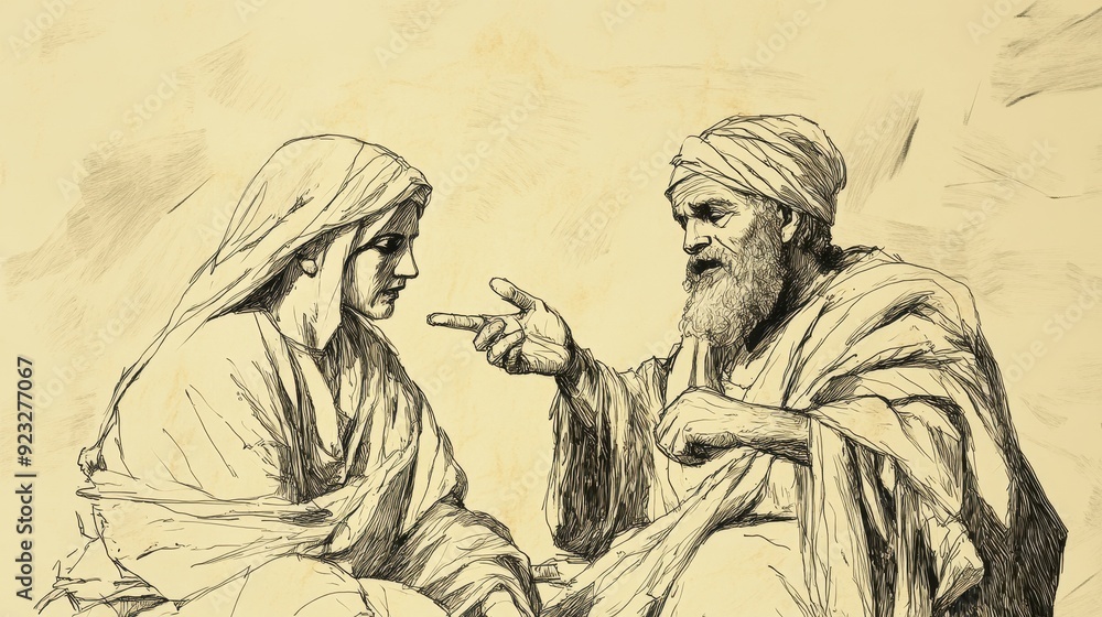 Fototapeta premium Biblical Illustration of Prophecies Against Jeroboam: Ahijah Foretelling the Death of Jeroboam’s Son to His Wife, Beige Background