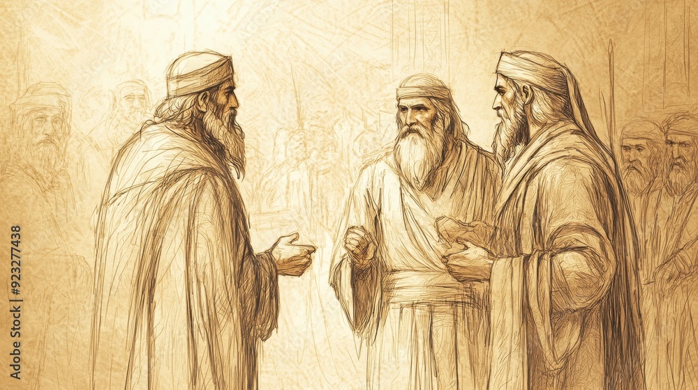 Fototapeta premium Biblical Illustration of 2 Kings: Jehu and Jehonadab Forming Alliance to Restore True Worship, Bible Wall Art with Beige Background for Spiritual Renewal