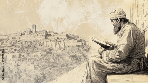 Biblical Illustration of 2 Kings: Jeremiah Writing a Letter of Hope to Exiles, Encouraging Them to Seek Welfare of New City, Bible Wall Art with Beige Background photo