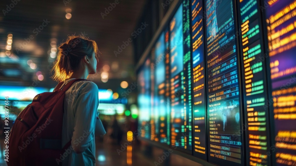 Traveler Checking Flight Information on Digital Display Board at Modern Airport Terminal Traveler Checking Flight Information on Digital Display Board at Modern Airport Terminal